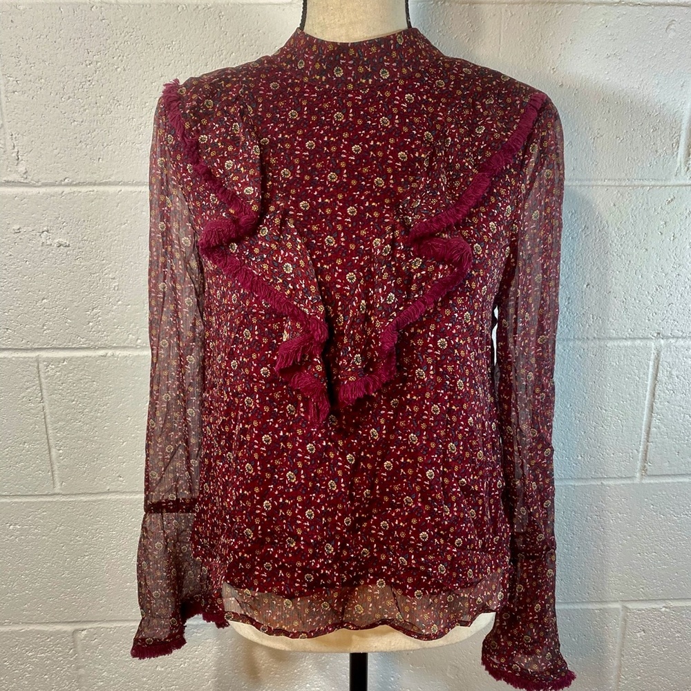 Blush Noir Burgundy Floral Ruffle Prairie Blouse